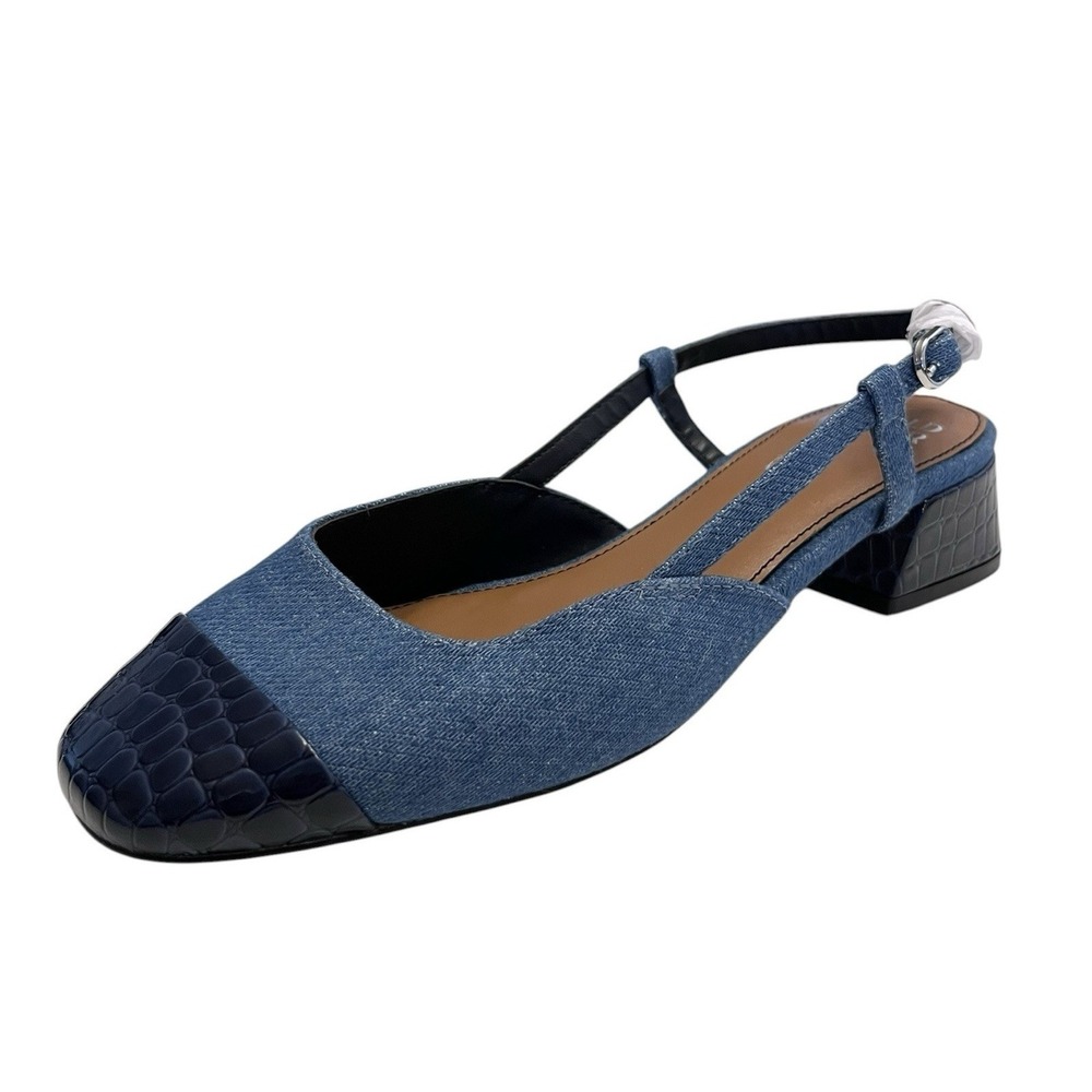 New DONALD PLINER Sz 6.5M Heels Reval Slingback Blue Denim Croc Embossed Cap Toe